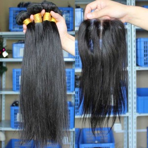 Brazilian Virgin Hair Silk Straight Middle Part Lace Closure with 3pcs Weaves