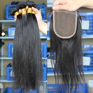 Indian Virgin Hair Silky Straight Free Part Lace Closure with 3pcs Weaves