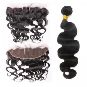 Brazilian Virgin Hair Body Wave Lace Frontal Closure With 4 Pcs Hair Bundles Natural Color 