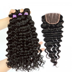 Indian Remy Human Hair Deep Wave Free Part Lace Closure with 3pcs Weaves Weft