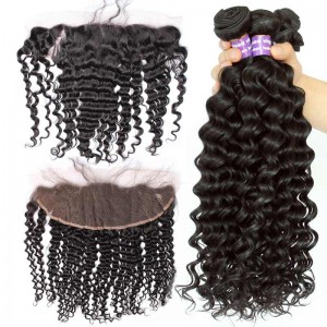 Natural Color Deep Wave Curly Peruvian Virgin Hair Lace Frontal Closure With 3Pcs Hair Weaves 