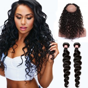 360 Lace Frontal Band Loose Wave Brazilian Virgin Hair Lace Frontals Natural Hairline with Two Bundles
