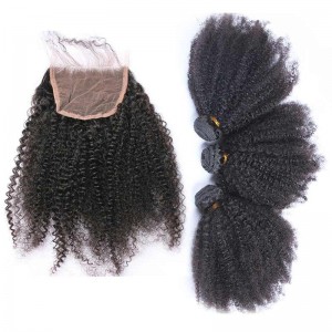 razilian Virgin Hair Afro Kinky Curly Lace Closure with 3pcs Weaves