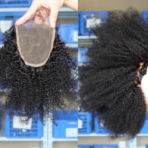 Mongolian Virgin Hair Afro Kinky Curly Free Part Lace Closure with 3pcs Weaves