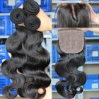 Brazilian Virgin Hair Body Wave 4X4inches Middle Part Silk Base Closure with 3pcs Weaves