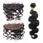 Natural Color Body Wave Peruvian Virgin Hair Lace Frontal Free Part With 3pcs Weaves