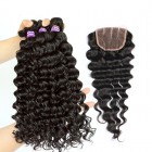 Deep Wave Brazilian Virgin Hair Free Part Lace Closure with 3pcs Weave Bundles