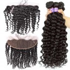 Natural Color Deep Wave Curly Peruvian Virgin Hair Lace Frontal Closure With 3Pcs Hair Weaves