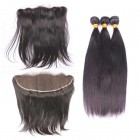 Natural Color Brazilian Virgin Hair Silky Straight  Lace Frontal Free Part With 3pcs Weaves