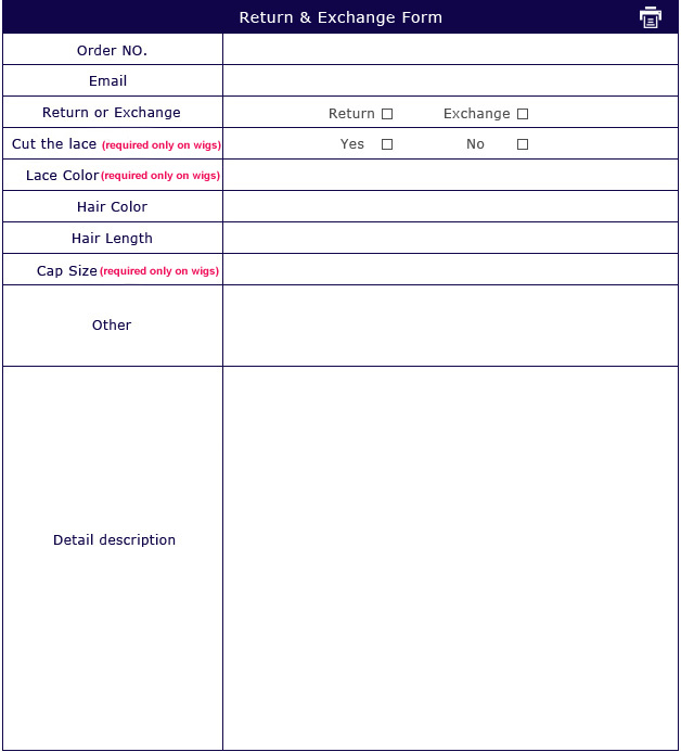 HoneyBeautyHair.com exchange and return order form.